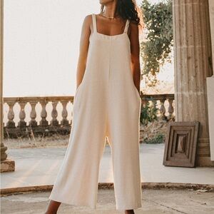 Light Beige Linen Blend Wide-Leg Jumpsuit